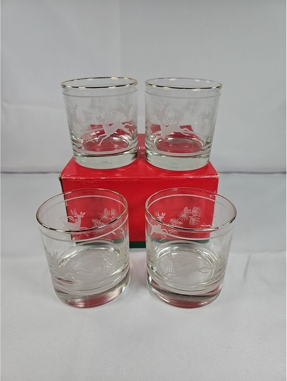 Set 4 Vintage  Hallmark Highball Tumbler Glasses Etched Pine Boughs Deer 10oz